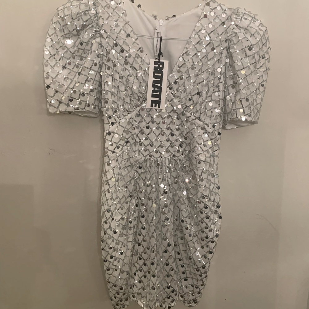 ROTATE silver disco mini dress with puff sleeves. Size 6 (38). New with tags.
